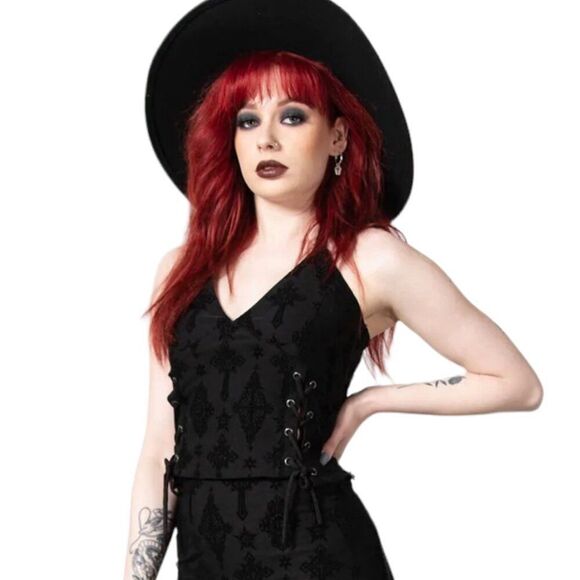 Black V Neck Velvet Cross Stars Lace Up Panels Crop Top KILLSTAR - NEW - Picture 1 of 4